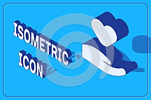 Isometric Heart in hand icon isolated on blue background. Hand giving love symbol. Valentines day symbol. Vector