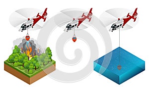 Isometric helicopter dropping water on a fire. Forest fire helicopter vector illustration