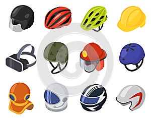 Isometric helmet vector illustration, cartoon 3d safety hard hat, head protection, VR helmet icon set isolated on white
