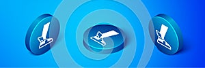 Isometric Hermes sandal icon isolated on blue background. Ancient greek god Hermes. Running shoe with wings. Blue circle