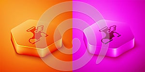 Isometric Hermes sandal icon isolated on orange and pink background. Ancient greek god Hermes. Running shoe with wings