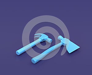 Isometric hetchet and hammer on blue background, single color workshop tool, 3d rendering photo