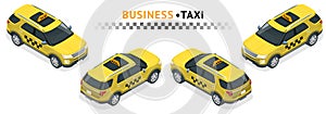 Isometric high quality city service transport icon set. Car taxi. Offroad truck