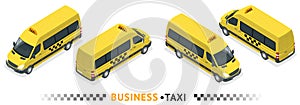 Isometric high quality city service transport icon set. Car taxi service. Minibus or Van car. Airport transfer