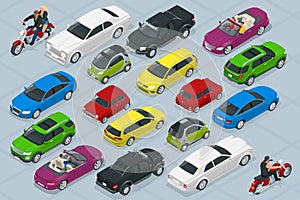 Isometric high quality city transport car icons set