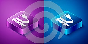 Isometric High-speed train icon isolated on blue and purple background. Railroad travel and railway tourism. Subway or