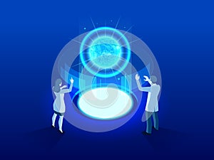 Isometric high tech power plant thermonuclear or nuclear reactor. Development of nuclear or atomic technology. photo