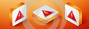 Isometric High voltage sign icon isolated on orange background. Danger symbol. Arrow in triangle. Warning icon. Orange