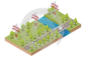 Isometric high voltage transmission lines and power pylons. Electricity pylons. Electric Energy Factory Distribution