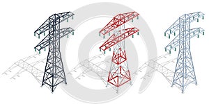 Isometric high voltage transmission lines and power pylons. Electricity pylons. Electric Energy Factory Distribution