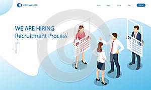 Isometric hiring and recruitment concept. HR job seeking. Online job search, human resource concept. Infographics of