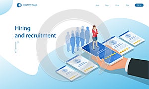 Isometric hiring and recruitment concept. HR job seeking. Online job search, human resource concept. Infographics of