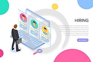 Isometric hiring, recruitment concept. Job interview, search human resource, find talent employee. 3d computer with