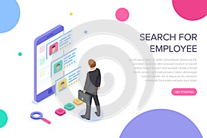 Isometric hiring, recruitment concept. Job interview, search human resource, find talent employee. 3d computer with