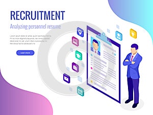 Isometric hiring and recruitment concept for web page, banner, presentation. Job interview, recruitment agency vector