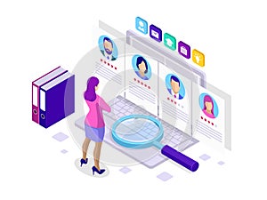 Isometric hiring and recruitment concept for web page, banner, presentation. Job interview, recruitment agency vector photo