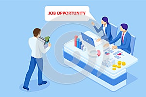 Isometric hiring and recruitment, job candidates and job centre concept. Job interview, recruitment agency. HR job photo