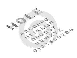 Isometric hole font. 3d latin gray letters and numbers, abc signs techno design, deep shapes english alphabet