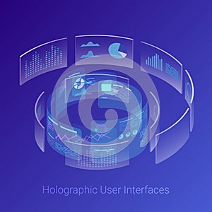 Isometric Holographic Virtual Reality VR HUD Head-Up Displays User Interface Cylindrical shape vector design illustration