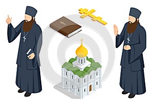 Isometric Holy Bible and Cross. Christian priest in robes, Orthodox church building. Spirituality, Religion and Hope