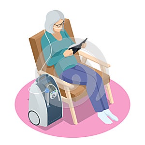 Isometric Home Medical Oxygen Concentrator. Concept of healthcare, life, pensioner. Senior woman with Chronic