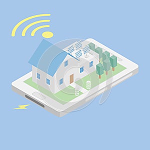 Isometric home with solar panel wireless remote control on smart phone, modern alternative sustainability with eco-friendly