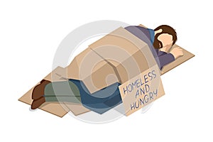 Isometric Homeless needing help, begging money man, bum. A hungry, homeless and poor man sleeps on the ground, covered