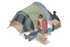 Isometric Homeless needing help, begging money man, bum. Tent with a homeless man on the road. A homeless man asks for