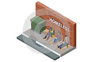 Isometric Homeless needing help, begging money man and woman, bum. A homeless man sits on the asphalt leaning against