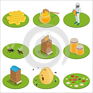 Isometric Honey isolated icons set with bees, beekeeper works on an apiary, hive, bee, honeycomb. Vector illustration