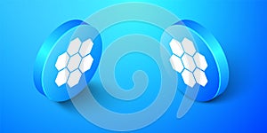 Isometric Honeycomb sign icon isolated on blue background. Honey cells symbol. Sweet natural food. Blue circle button