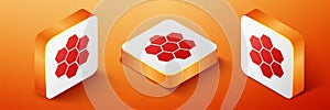 Isometric Honeycomb sign icon isolated on orange background. Honey cells symbol. Sweet natural food. Orange square