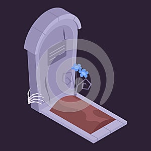 Isometric horror tombstone grave. Monster skeleton arm, spooky zombie hand on stone monument, scary holiday 3d vector illustration