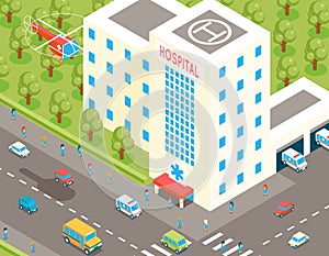 Isometric hospital and ambulance building with