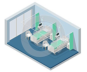 Isometric Hospital Bed. Empty Bed On Hospital Ward. Empty Bedroom in a Hospital lLooking Sterile