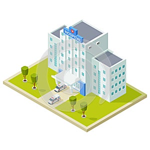 Isometric hospital building and ambulance cars vector illustration