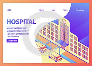 Isometric hospital building.City ambulance medical care.Landing page template.