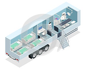 Isometric hospital in the car. Mobile hospital with medical beds, laboratory and operating room.
