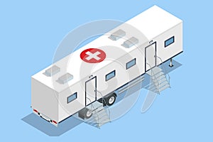 Isometric hospital in the car. Mobile hospital with medical beds, laboratory and operating room.