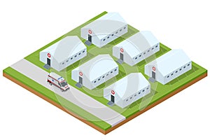 Isometric hospital field tent for the first AID and ambulance, a mobile medical unit for patient with Corona Virus. Camp