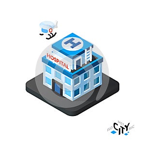 Isometric hospital icon, building city infographic element, vector illustration