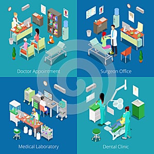 Isometric Hospital Interior. Doctor Appointment, Medical Laboratory, Dental Clinic, Surgeon Office