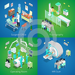 Isometric Hospital Interior. Medical MRI Scan, Operating Room with Doctors, Fluorography Process, Surgeon Office