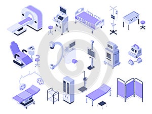 Isometric hospital tools. Medical diagnostic equipment, healthcare monitoring and health care diagnostics technology 3d