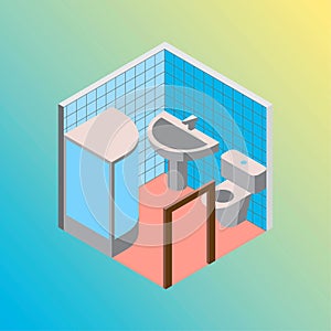 Isometric hostel bath and toilet room vector illustration