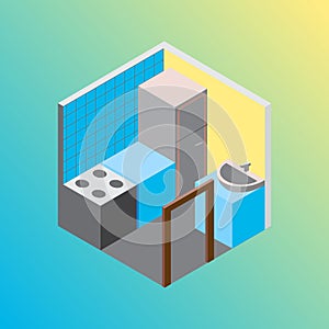 Isometric hostel kitchen room vector illustration