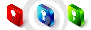 Isometric Hotel door lock key icon isolated on white background. Red, blue and green square button. Vector