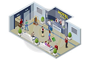 Isometric Hotel Reception Interior. Reception Desk. Man Receptionist Character Standing. People booking hotel and search