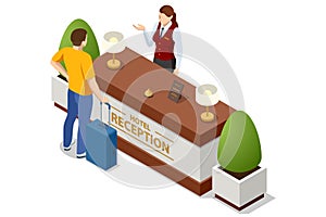 Isometric Hotel Reception Interior. Reception Desk. Young Woman Receptionist Character Standing. Tourism, Hotel Arriving