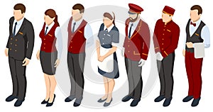Isometric Hotel Services Receptionist Baker and Waiter, Cleaners and Porter, Hospitality Workers, Hotel Restaurant Team